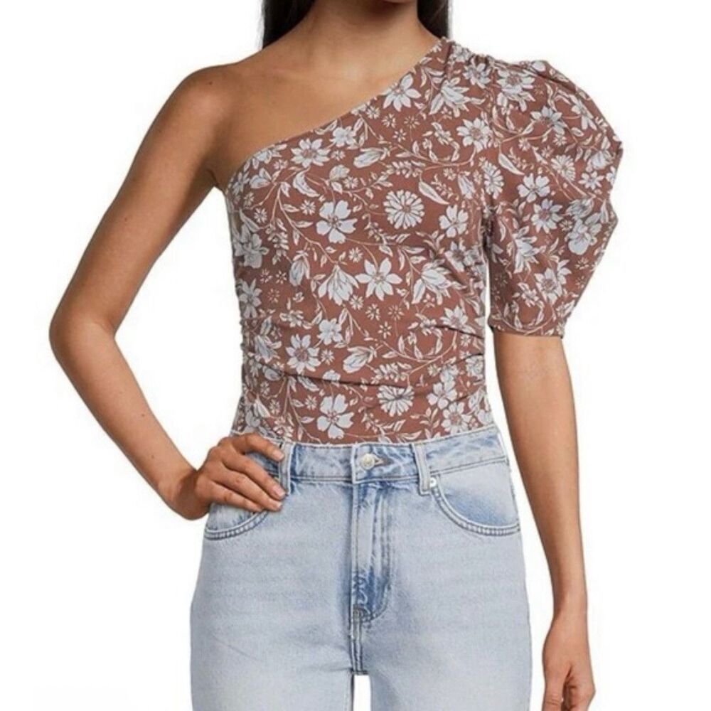 Free People Somethin Bout You Bodysuit Floral One Shoulder Puff Sleeve XS